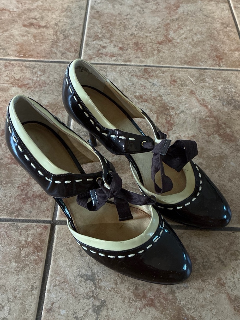 Women’s Brown and baby yellow Patent Mary Jane Heels with Cream Trim and Bow